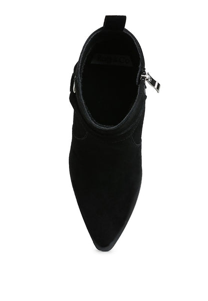 Jockey Harness Ankle Boots black suede top view showing pointed toe and structured shaft