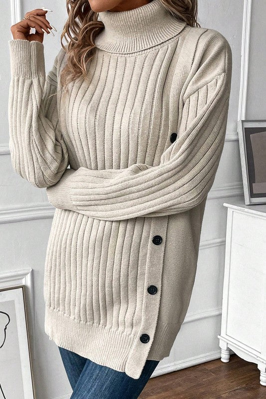 Fable Turtleneck Pullover Sweater in taupe with ribbed knit and side button detail.
