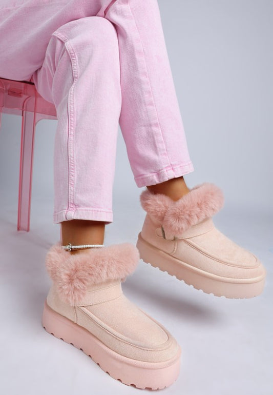 Pink Linka Snow Boots with faux fur collar, midfoot buckle strap, and flatform lug sole.