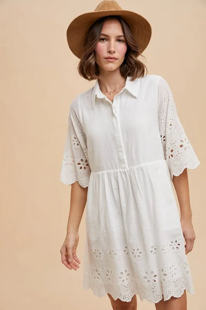 Kiaan Mini Dress in ivory cotton with collared neckline and half sleeves.