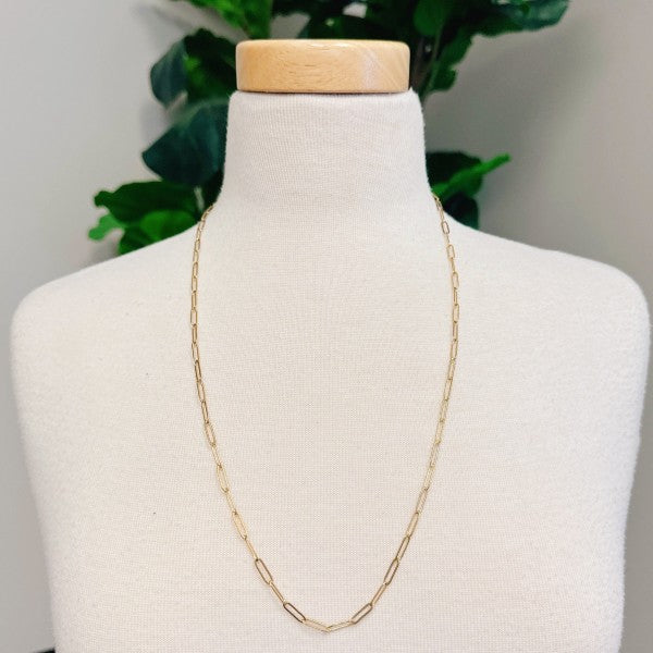 Over Your Heart Dainty Link Chain Necklace displayed on mannequin, long gold chain
