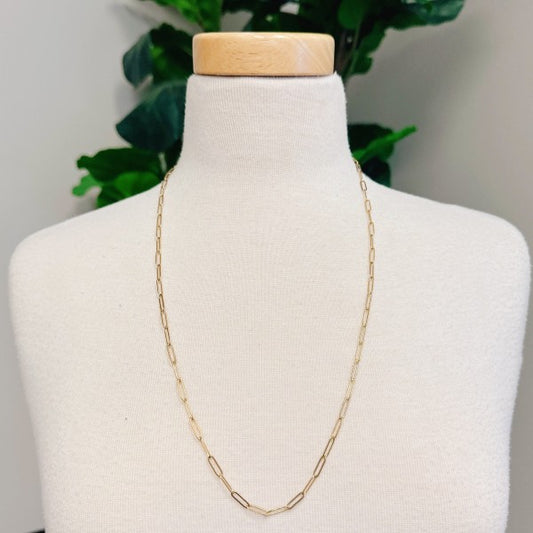 Over Your Heart Dainty Link Chain Necklace displayed on mannequin, long gold chain