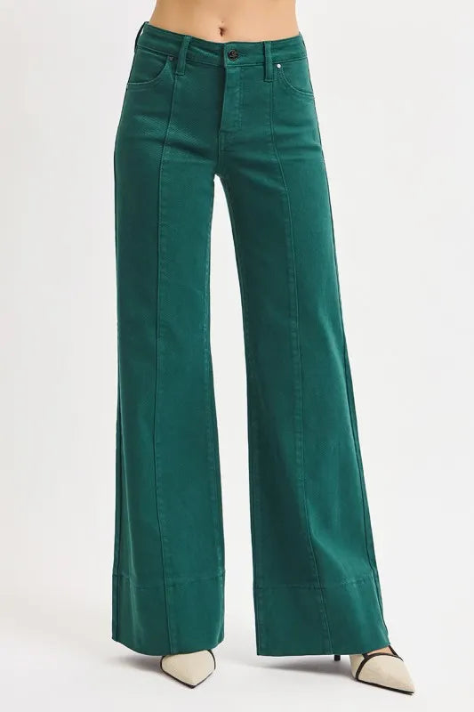 Front view of Gemma RISEN hunter green jeans with tummy control, wide leg cut, and seam detail.
