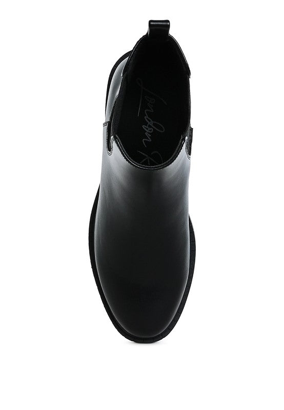 Top view of Tripoli Stacked Heel Chelsea Boots showing round toe shape and pull-on Chelsea boot style.