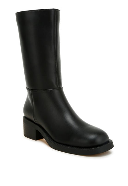 Front angle view of Soora Block Heel Calf Boots in black faux leather