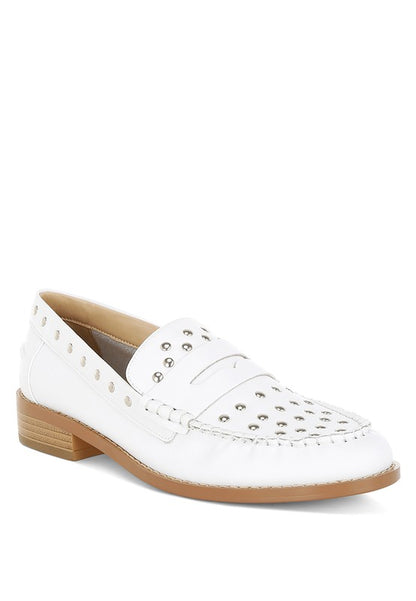 Side view of White Oglavia Studded Leather Loafers highlighting mock stitch detail and block heel.