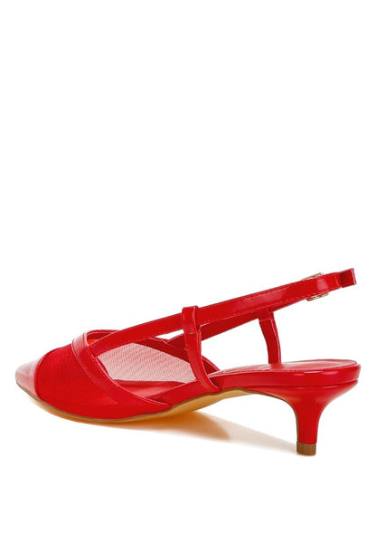 Red Iyla Mesh Slingback Heels back angle showing slingback strap and low kitten heel