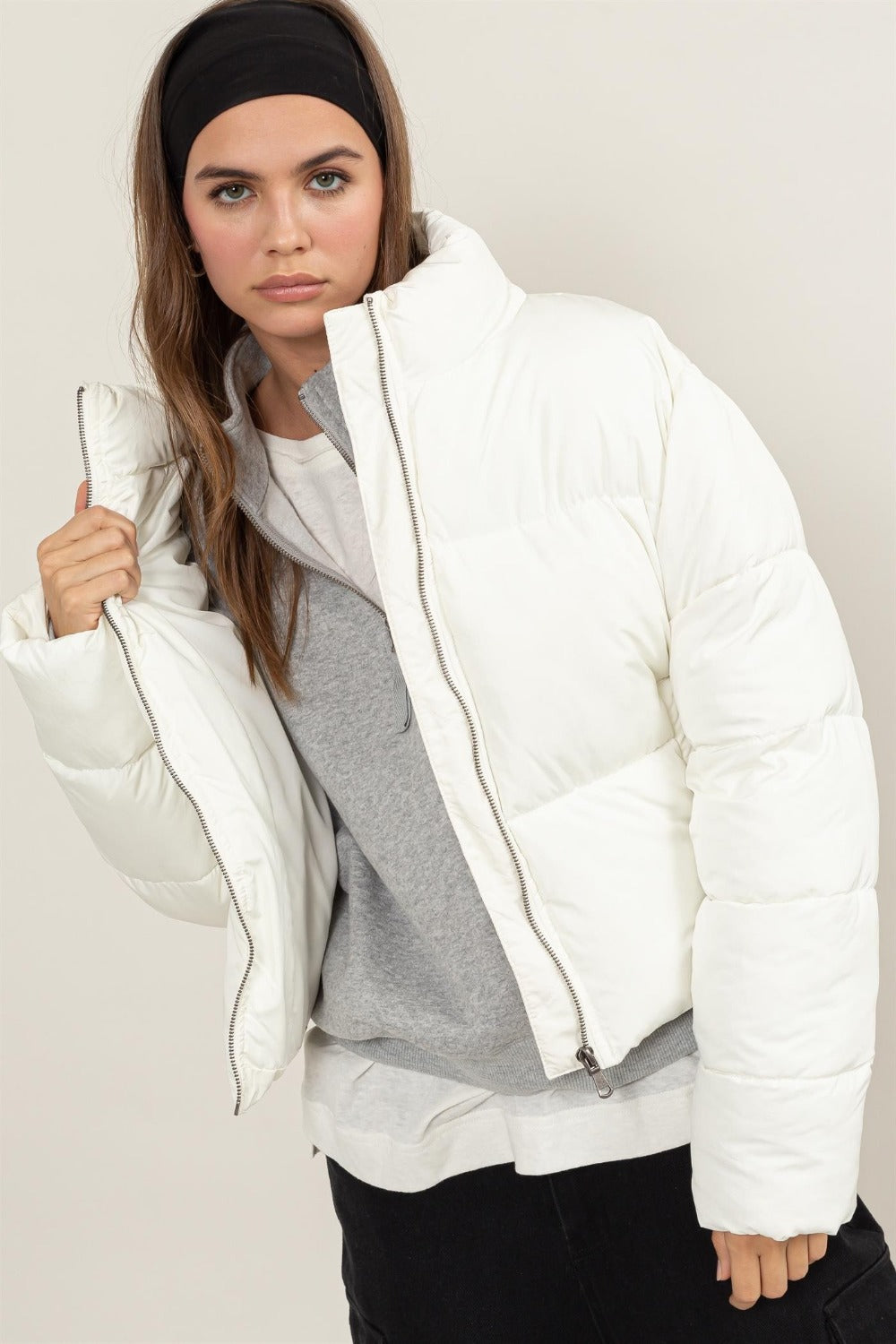 Mesa Quilted Back Drawstring Puffer Jacket in Cream