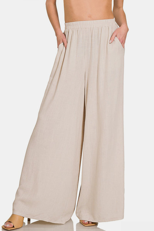 Yolanda Pleated Linen Blend Wide Leg Pants In Sand Beige