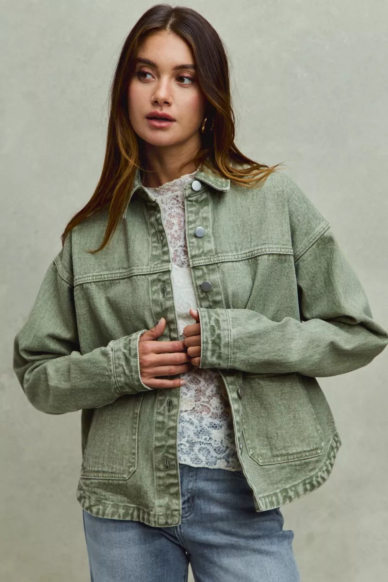 Front view of Soren Vintage Twill Shacket showing collared neckline and patch pockets.