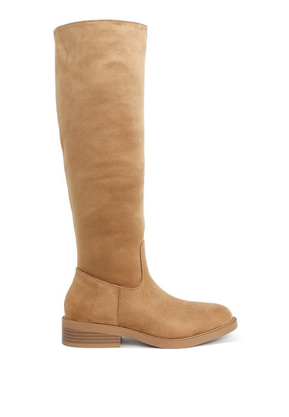 Chiru Round Toe Microfiber Calf Boots taupe side view with low block heel