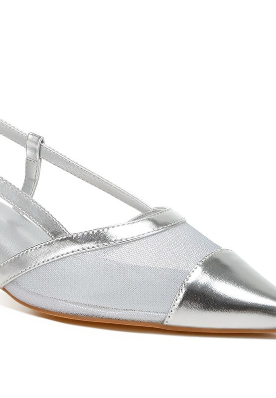 Silver Iyla Mesh Slingback Heels close-up highlighting mesh vamp.