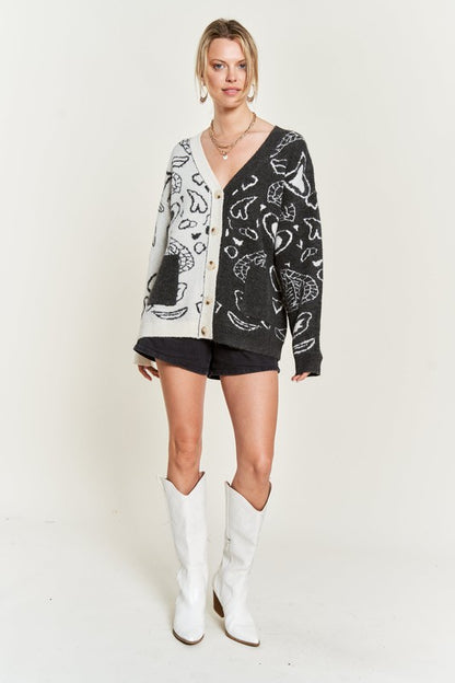 Dafni Heart Paisley Cardigan - Plus SIze, Color Block, Oversized Fit, Drop Shoulder