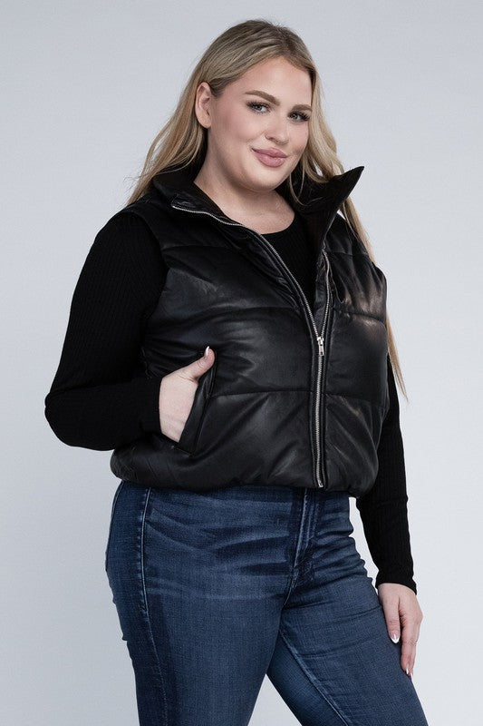 Plus Size Puff Vest in brown, featuring a relaxed fit, zip closure, pockets, and a collar neckline. 