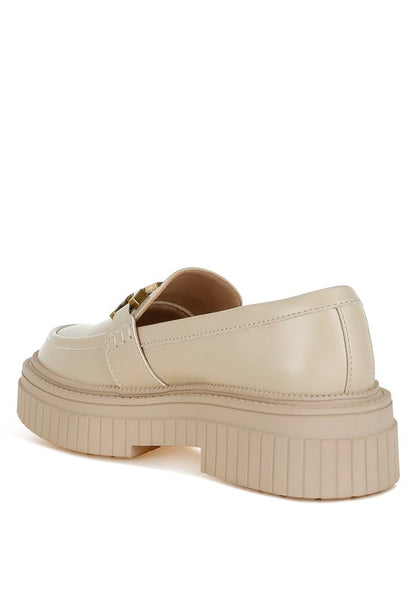Back angle of beige Grosbeak Chunky Loafers showing ribbed heel.