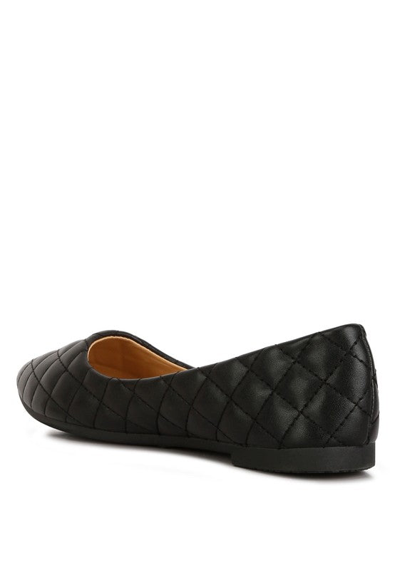 Back angle of black quilted ballet flats showing heel detail.