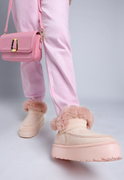 Pink Linka Boots with faux fur collar and durable TP rubber lug sole for grip.