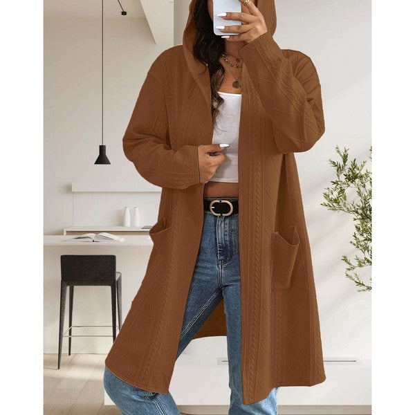 Makeda Hooded Cable Knit Cardigan in brown, alternate front view showing length and texture.