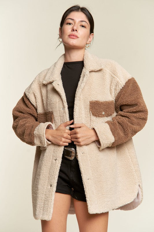 Deedre Sherpa Jacket in taupe, front view showing oversized fit and patch pockets