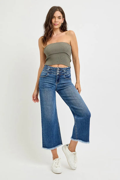 RISEN Esmé wide leg crop jeans styled in dark wash with wide band waist and raw hem.