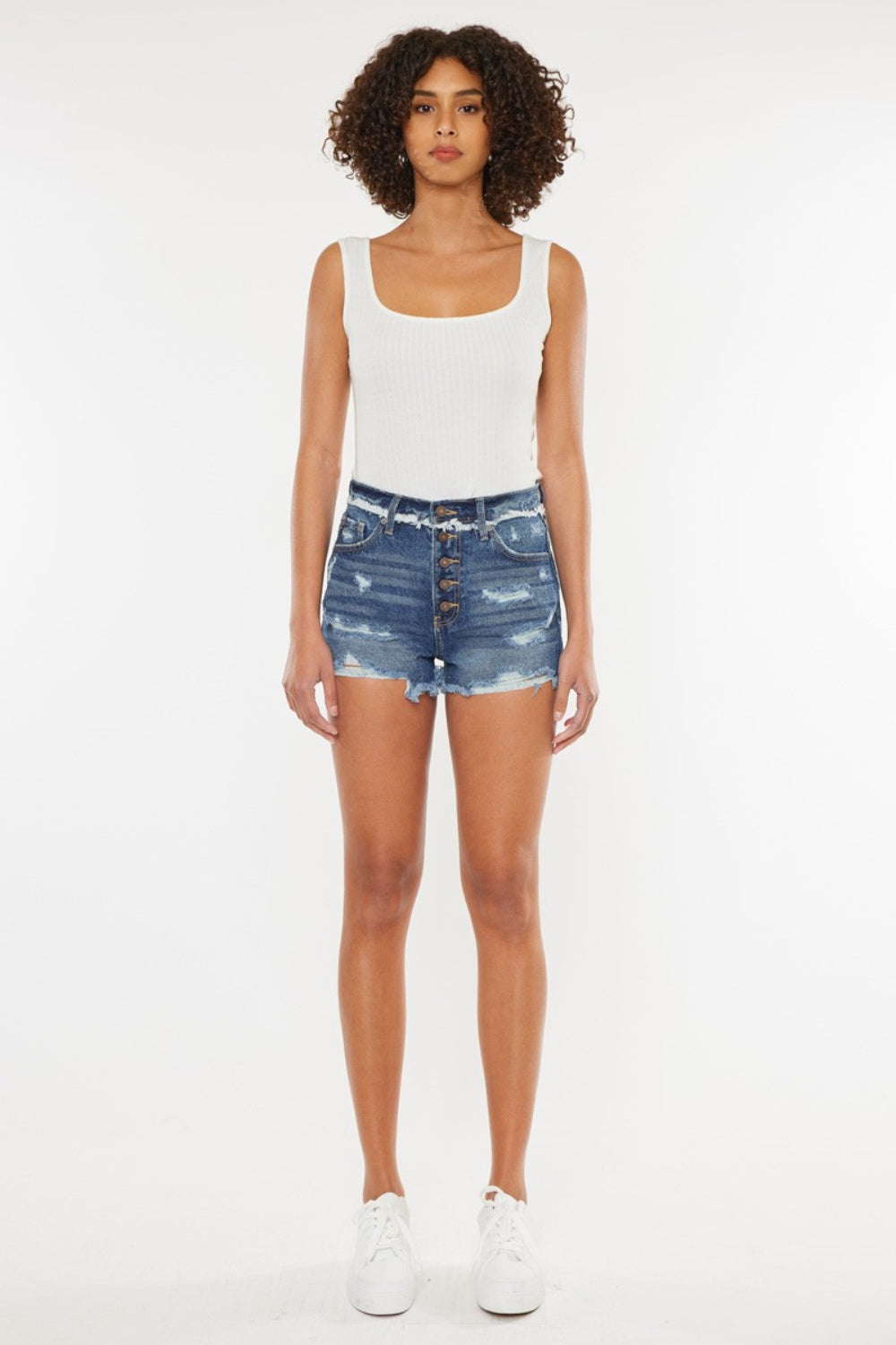 Brynn Distressed Button Fly Denim Shorts by Kancan