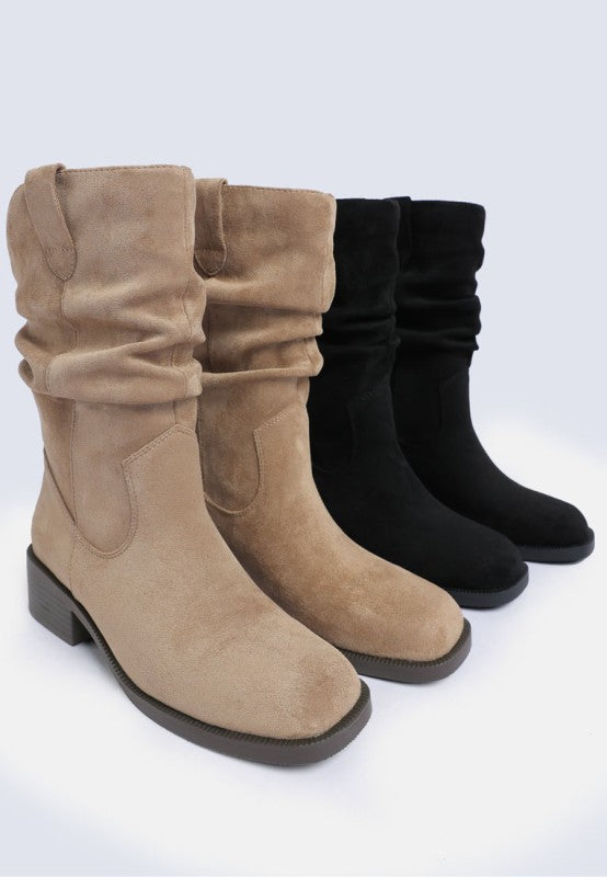 Ottawa Slouchy Cowboy Boots in Taupe and Black shown side by side, faux suede texture and block heel.