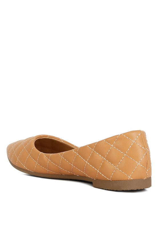 Back angle view of beige quilted ballet flats.