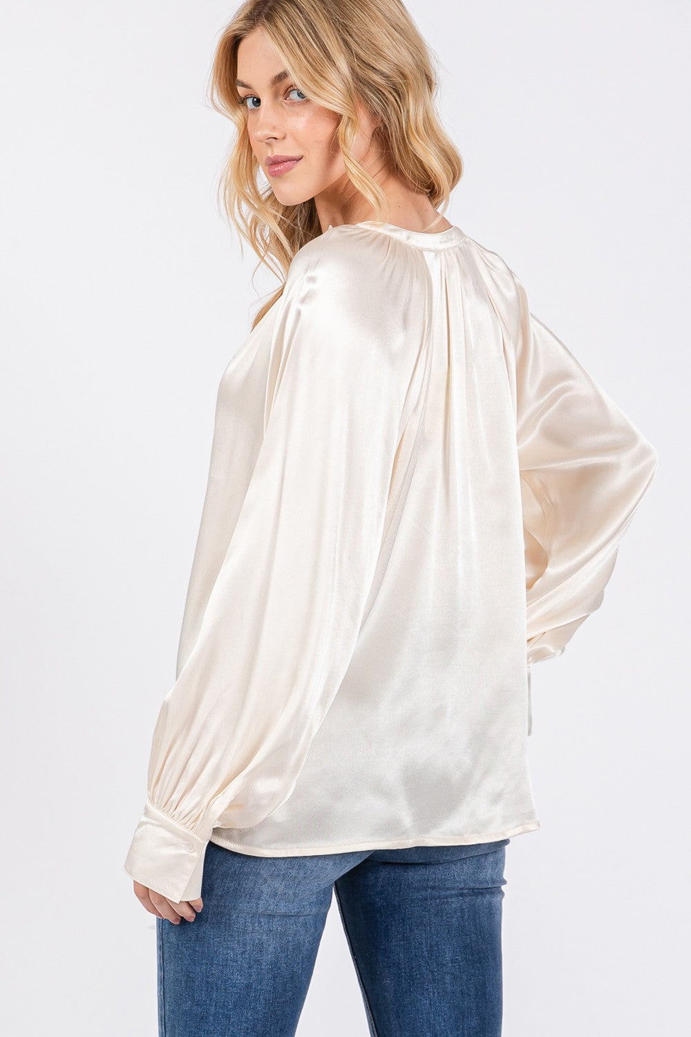 Demsy Notched Long Sleeve Blouse In Ivory