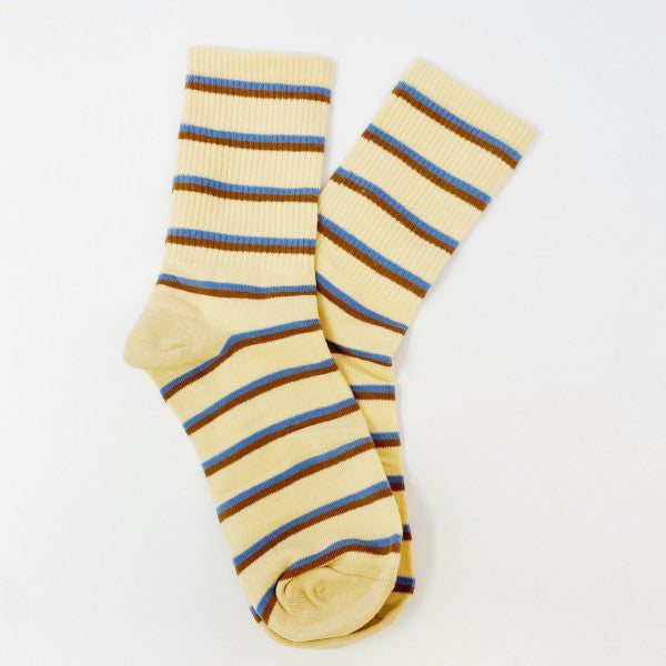 Pair of striped Trendy Pattern Socks in cream, brown, and blue.