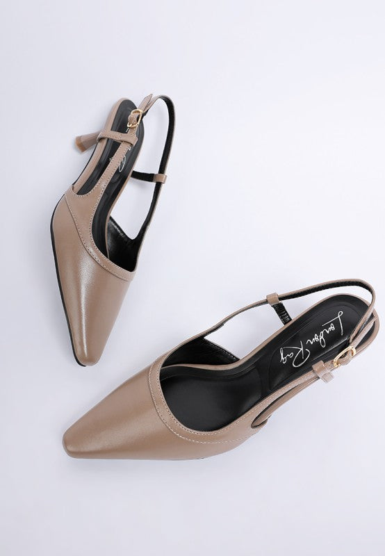 Flat lay of Luxton Slingback Pin Buckle Kitten Heels in Taupe showing sleek snip toe and cushioned insole design
