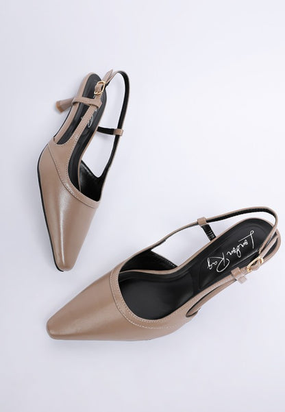 Flat lay of Luxton Slingback Pin Buckle Kitten Heels in Taupe showing sleek snip toe and cushioned insole design