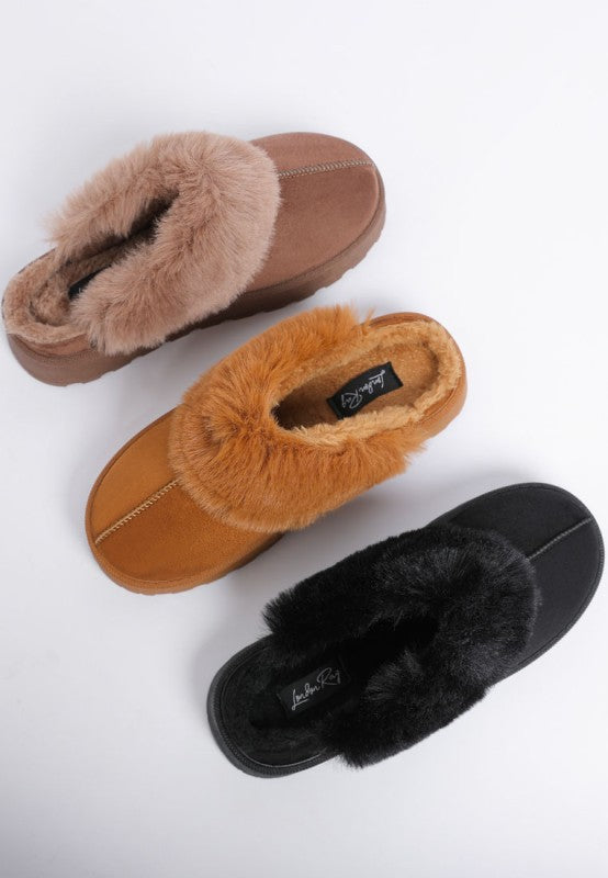 Front view of Portho Faux Fur Slip Ons available in tan, brown and black - displaying sleek design and cushioned comfort.