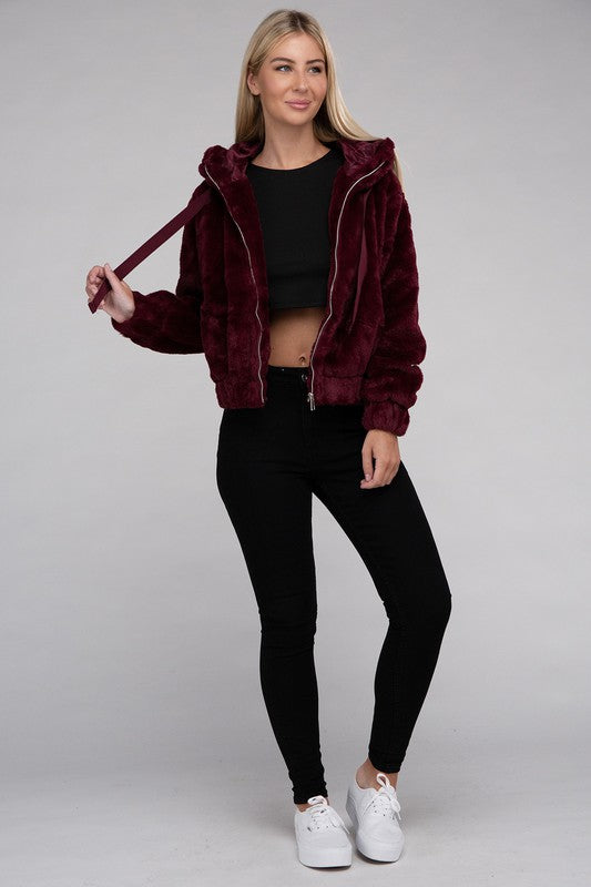 Cropped Burgundy zip-up fluffy teddy hoodie with a drawstring hood, long sleeves, and front pockets.