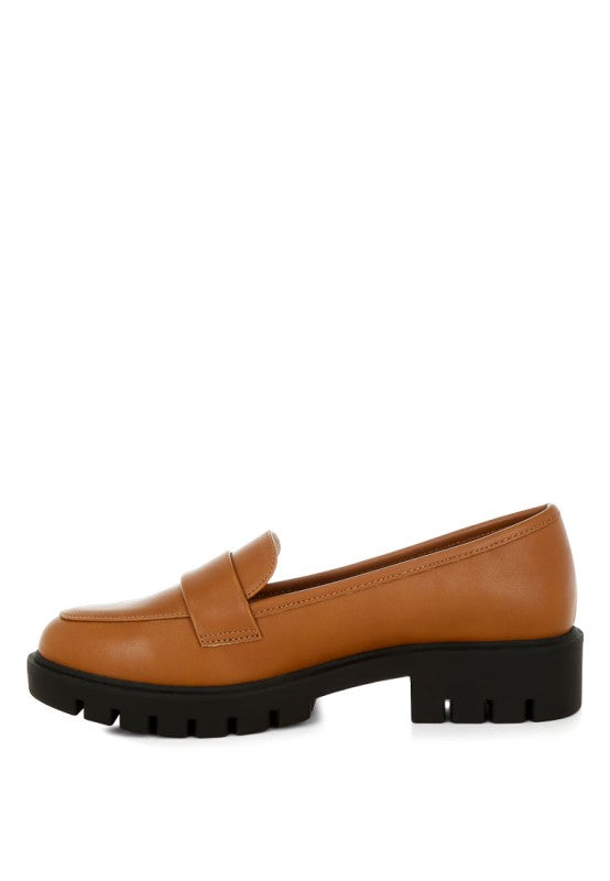 Peridot Chunky Loafers in tan inside view showing clean stitching and comfortable structure.