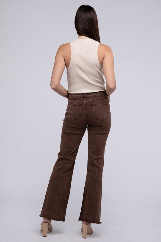 Mahogany acid-washed straight wide-leg pants featuring a frayed cutoff hem, zip fly closure, and a relaxed fit. Made with stretchy fabric for comfort and a unique vintage-inspired look.