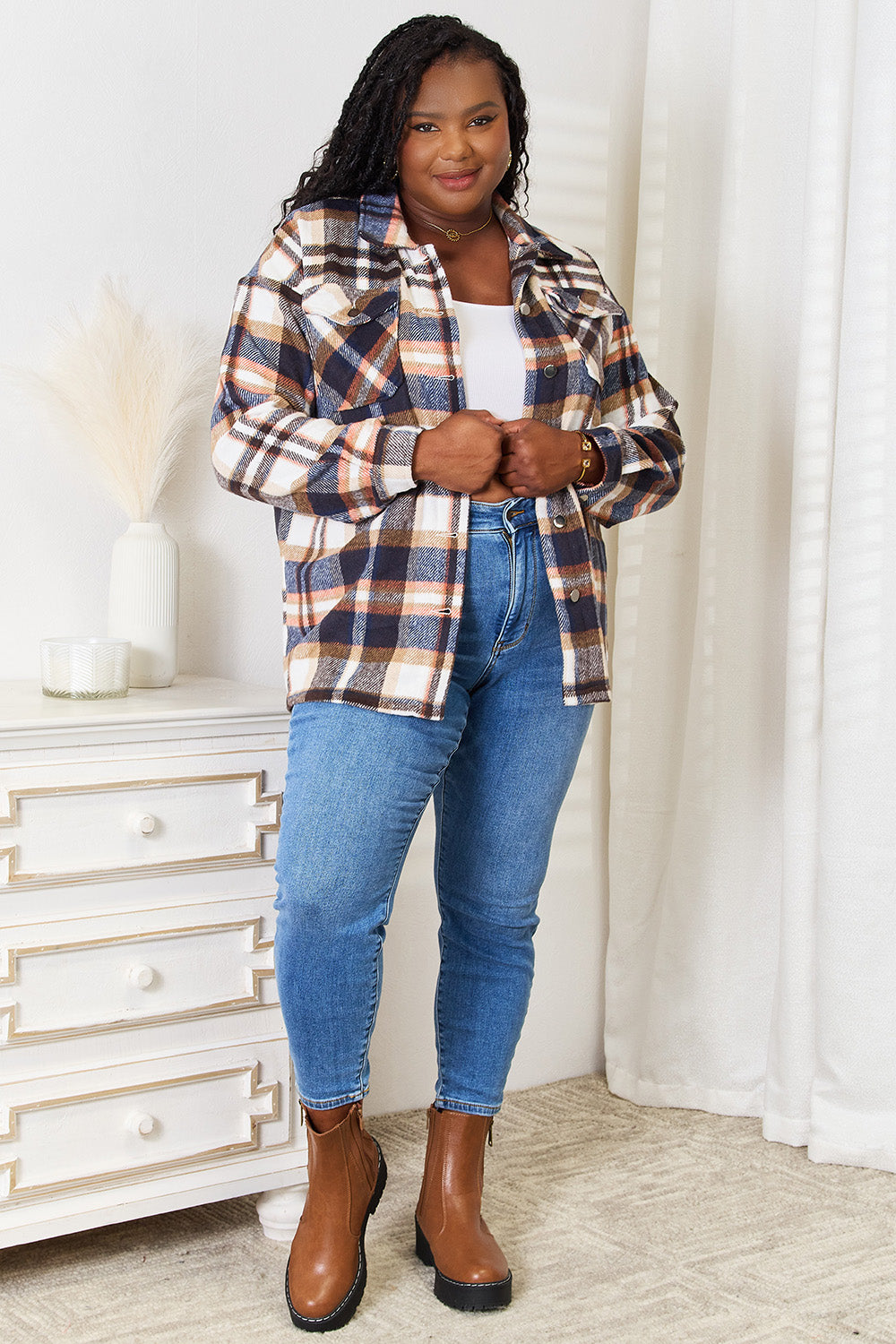 Lauren Plaid Button Front Shirt Jacket with Breast Pockets