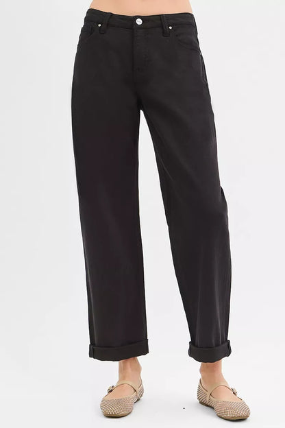 Trina Black Tummy Control Jeans – cropped barrel leg, front angle.