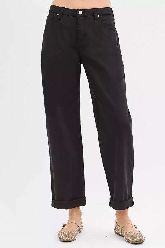 Trina Black Tummy Control Jeans – cropped barrel leg, front angle.