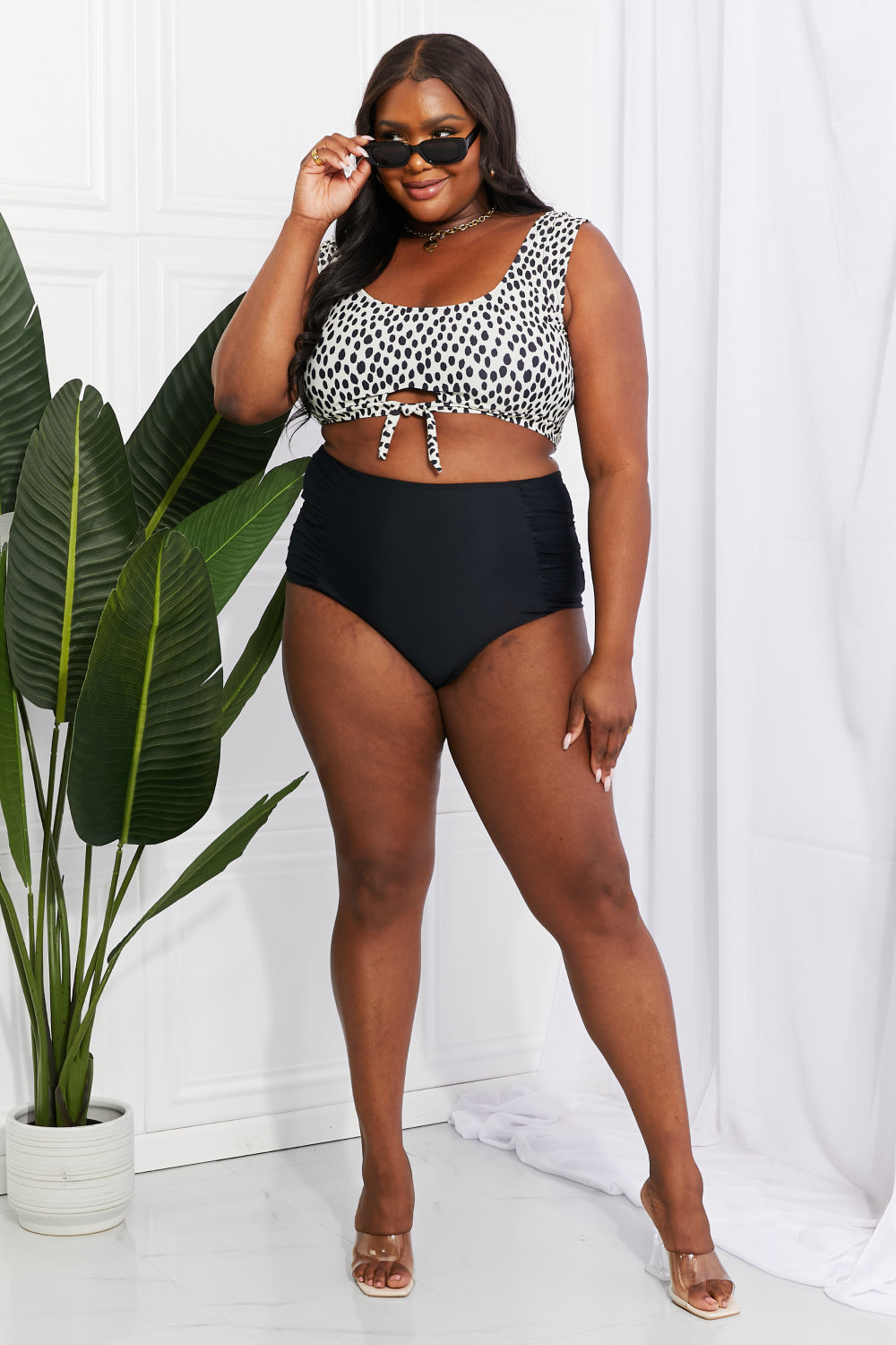 Sanibel Crop Swim Top and Ruched Bottoms Set in Spots/Black By Marina West Swim