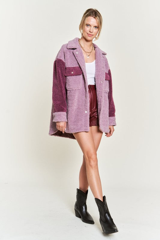 Deedre Sherpa Jacket in berry, front full body view with relaxed shacket silhouette.