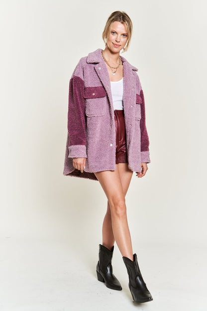 Deedre Sherpa Jacket in berry, front full body view with relaxed shacket silhouette.