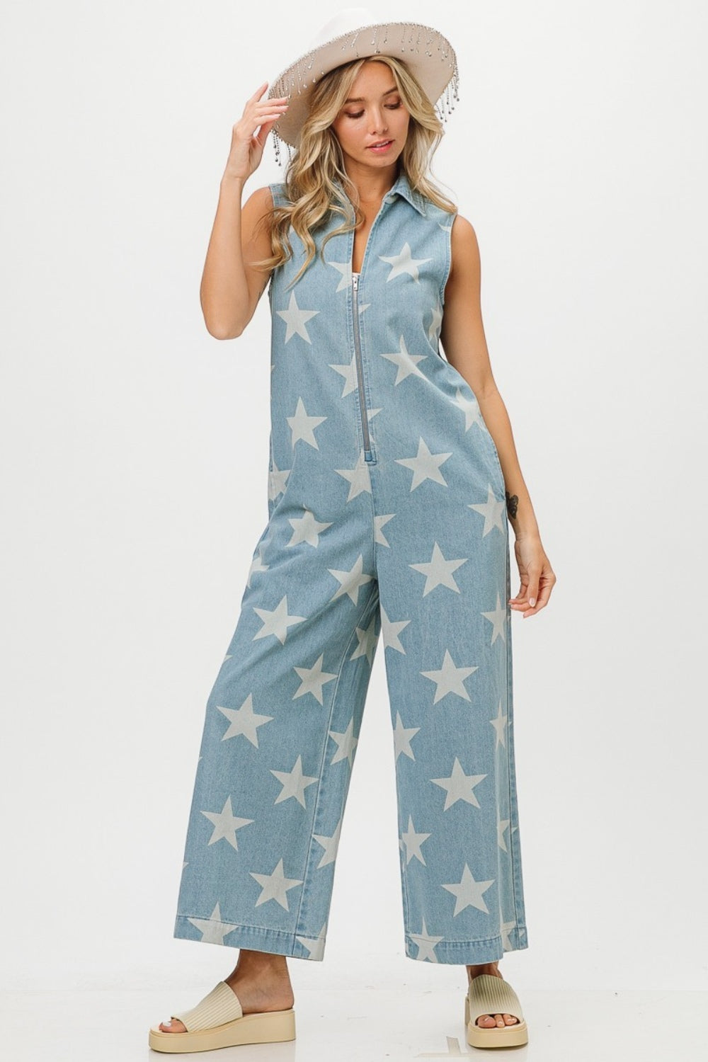 A New Hope Star Print Half Zip Sleeveless Denim Jumpsuit