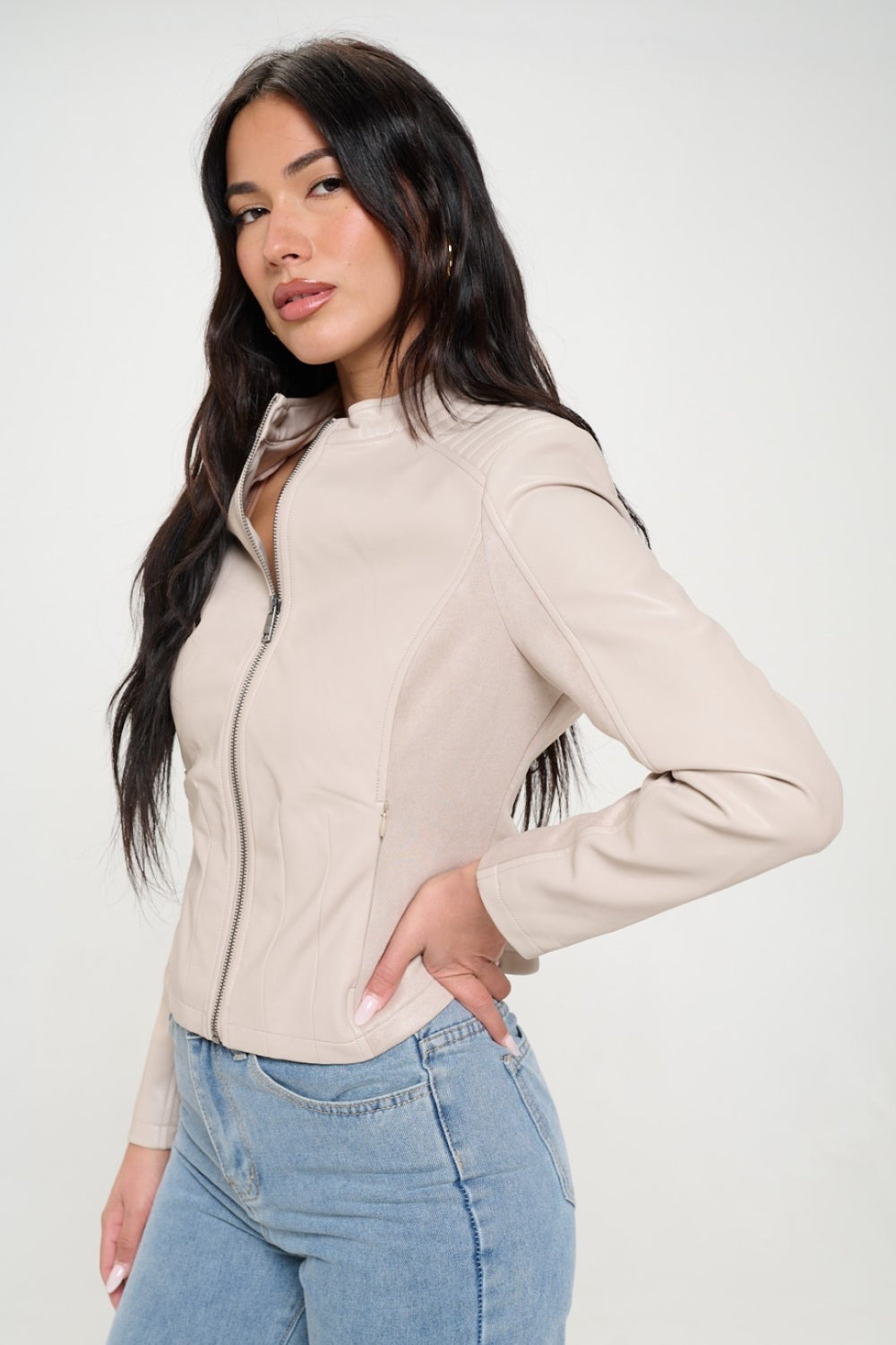 Tara Zip Up Vegan Moto Jacket In Cream