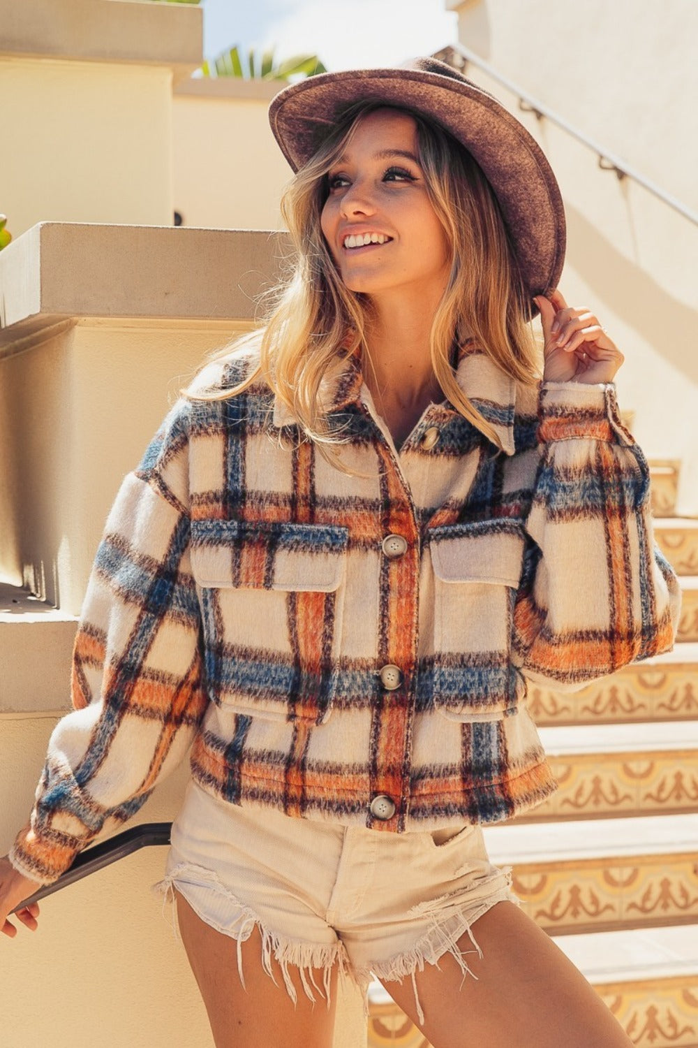 Gabby Brushed Plaid Crop Jacket with Pockets