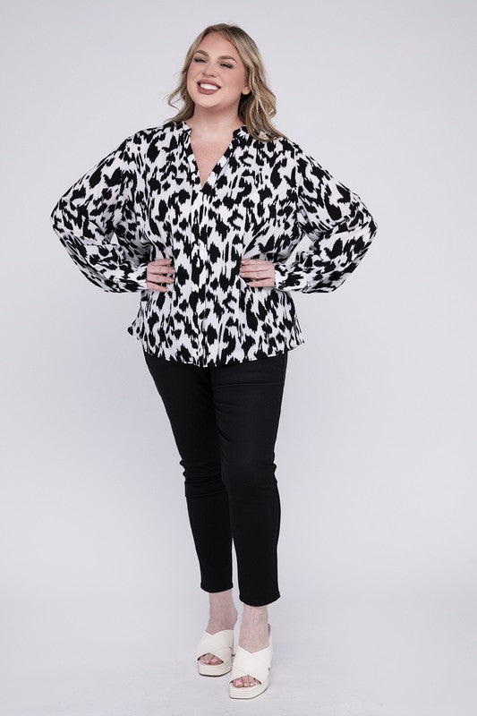 Lyna Curvy Plus Leopard Notched Neckline Blouse