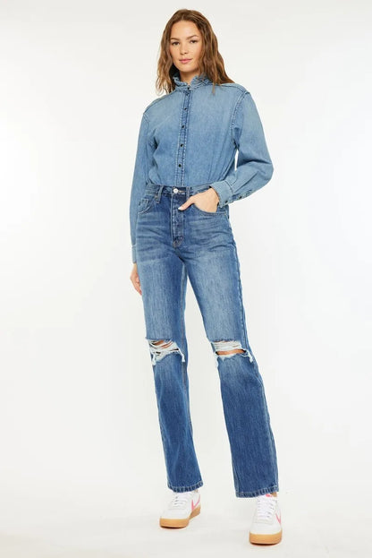 Front view of Scottie Boyfriend Jeans in medium wash with ultra-high rise waist and distressed knee details.