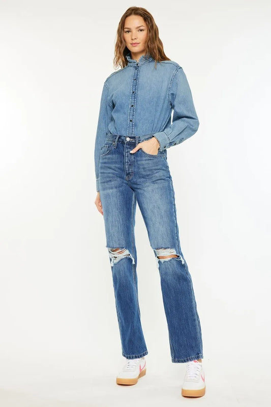 Front view of model wearing Scottie Ultra High Rise 90's Boyfriend Jeans in medium wash, showcasing ultra-high waist and distressed details.
