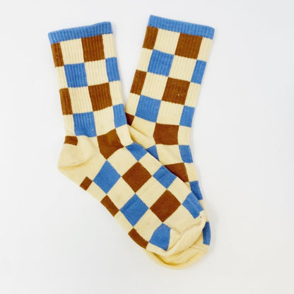 Pair of checkered Trendy Pattern Socks in brown and blue.