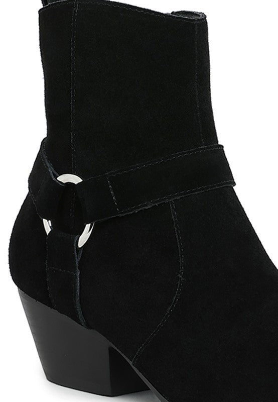 Jockey Harness Ankle Boots black suede close up showing harness strap and ring detail