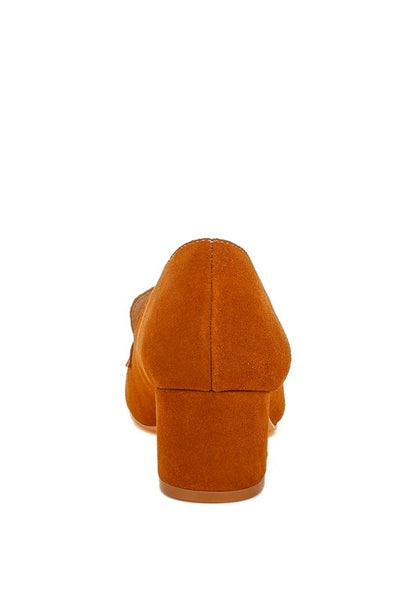 Back view of Tan Ziva Suede Loafer Heels showing block heel and suede upper construction.